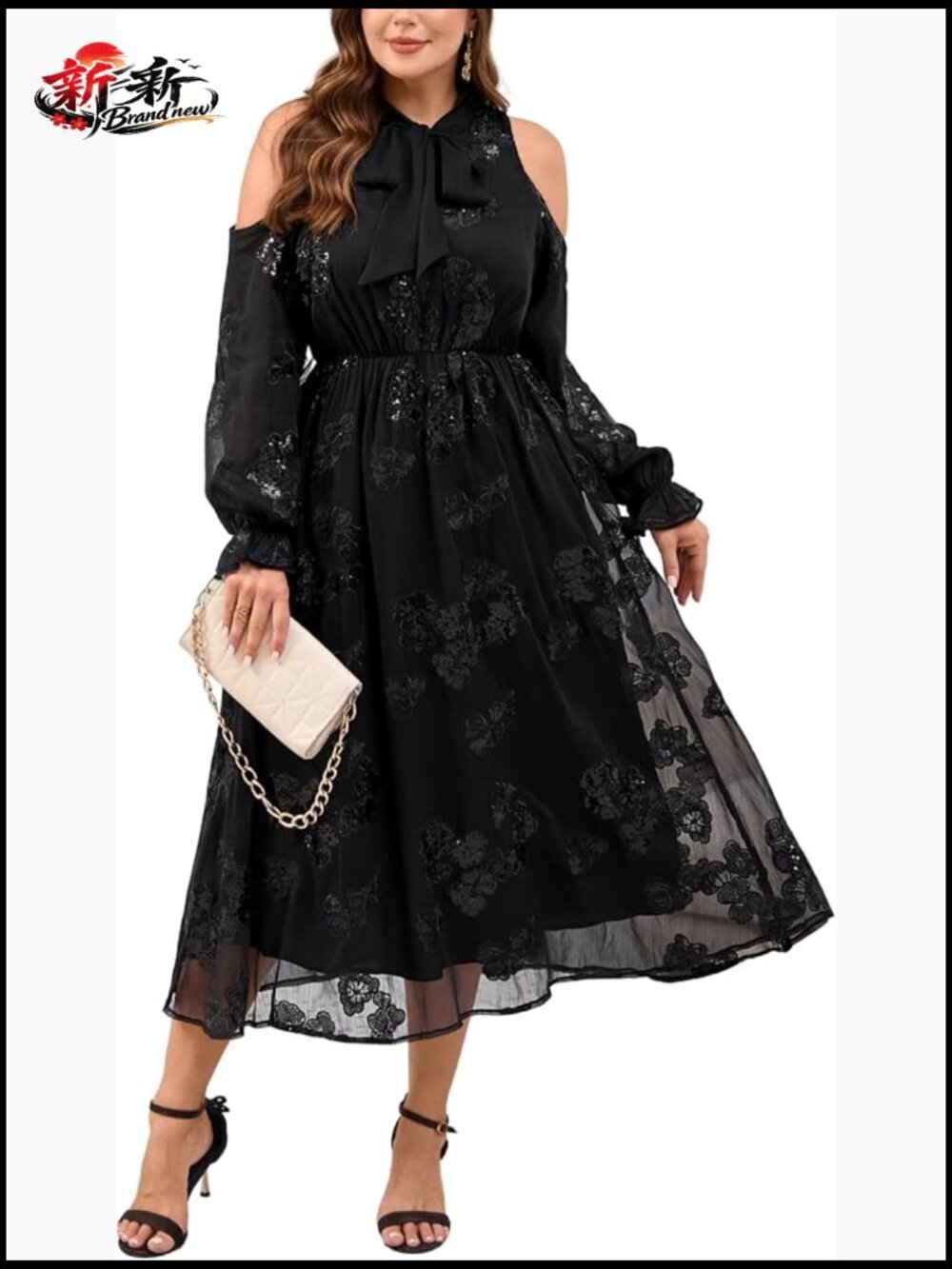 Plus Size Cold Shoulder Tie Bow Chiffon Midi Dress with Sequins